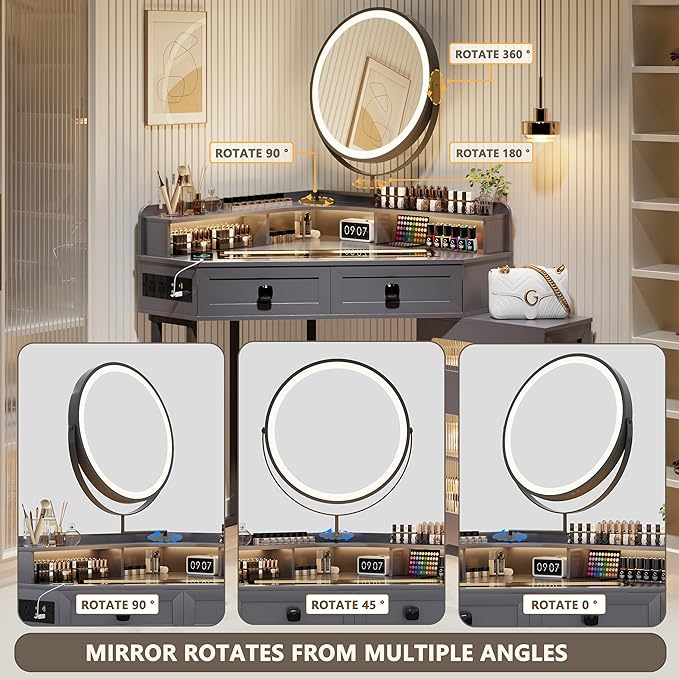 FREDEES Corner Vanity with Mirror and Lights,Modern Makeup Vanity Set with Power Outlet,Large Storage Dressing Table with Drawers and Shelves for Women/Girls,Grey