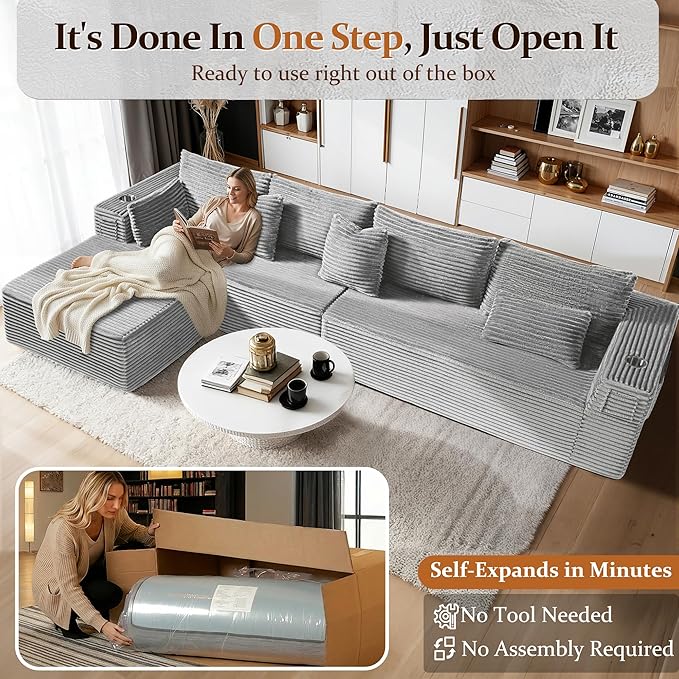 138" Oversized Cloud Sectional Couch, Comfort L Shaped Boneless Couch for Living Room, Extra Deep Seats No Assembly, Minimalist Modular Sofa, Corduroy (Light Grey, 3 seater+Right Facing Chaise)
