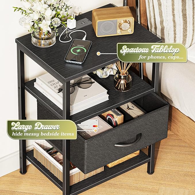 SUPERJARE Nightstand with Charging Station, Bed Side Table with Adjustable Fabric Drawer, Night Stand for Bedroom, 3-Tier Storage End Table, for Living Room, Black