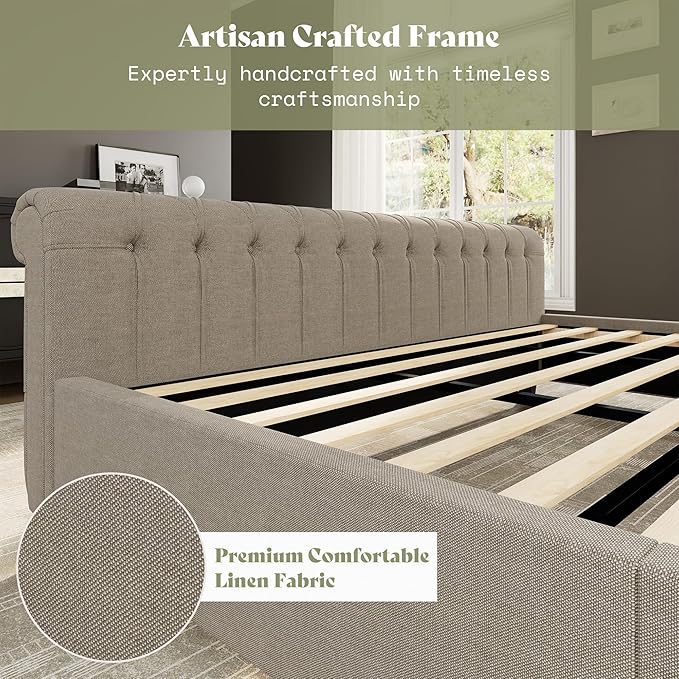 AMERLIFE California King Size Platform Bed Frame, Linen Upholstered Sleigh Bed with Scroll Wingback Headboard & Footboard/Button Tufted/No Box Spring Required/Khaki