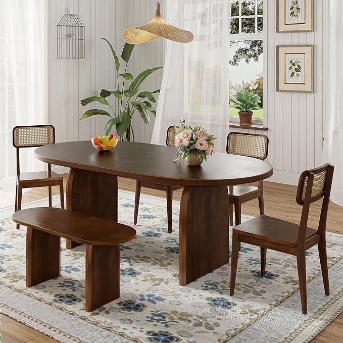 Merax 6 Pieces Modern Dining Set for 6, 71" Oval Rubberwood Dining Table with Bench and 4 Rattan Backrest Chairs for Dining Room, Living Room, Kitchen, Brown