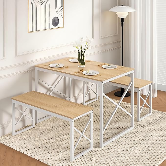 VECELO 43.3" Kitchen Dining Table Set for 4, Heavy-Duty Steel Frame & Wood-Grain Tabletop, Space-Saving Dinette Sets with 2 Benches for Breakfast Nook and Small Space, Natural