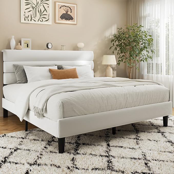 Fluest Queen Bed Frame, Platform Bed Frame with Velvet Upholstered Headboard, No Box Spring Needed, Sturdy Metal Support, Noise Free, Easy Assembly, Modern Bedroom Furniture, White