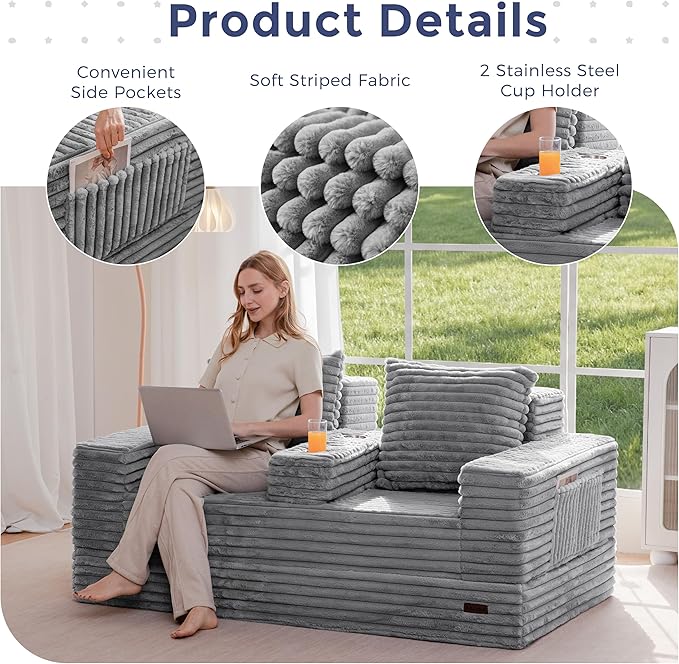 MAXYOYO Loveseat Sofa Bed, Striped Faux Fur Foldable Floor Sofa Couch in A Box, 4 in 1 Convertible Boneless Couch with 2 Cup Holders, Folding Recliner Sleeper Chair, No Assembly Required, Grey