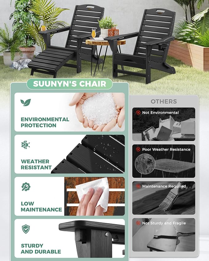 Adjustable Adirondack Chairs Set of 2 with Retractable Ottoman, HDPE Folding Adirondack Chair with Cup Holders, Weather Resistant for Backyard, Poolside & Fire Pit (Black)