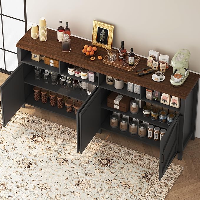 knoworld 63'' Buffet Sideboard with Storage Farmhouse with 4 Doors, Large Kitchen Storage Cabinet Wood Coffee Bar Cabinet Buffet Table with Shelves for Kitchen, Dining Room, Entryway