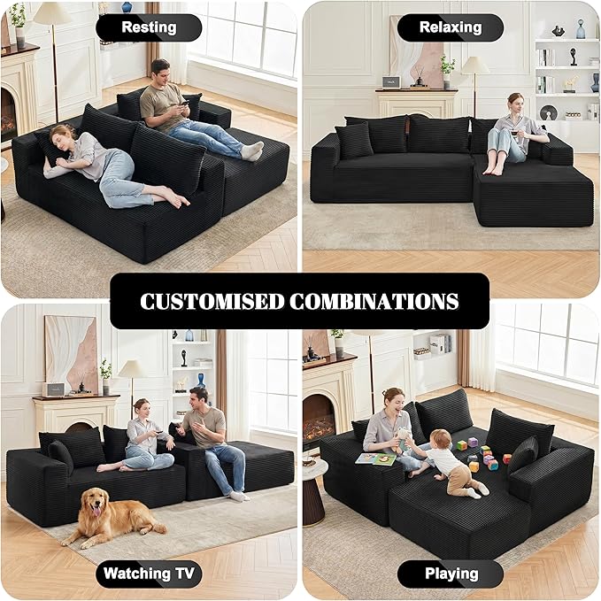 Mangodan 110” Cloud Sectional Couch, Boneless Sofa for Living Room, Modular Sectional Sofa with Deep Seat, Comfy Fluffy Couch with L-Shaped Chaise, No Assembly Required (Right-Facing Chaise, Black)