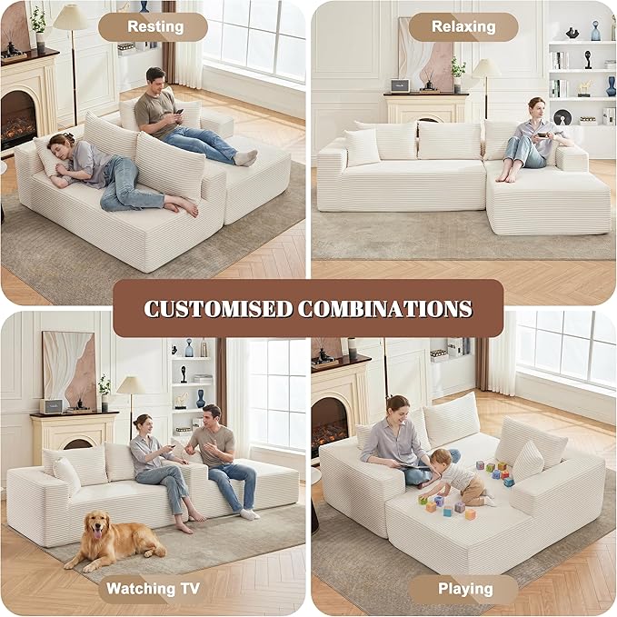 Mangodan 110” Cloud Sectional Couch, Boneless Sofa for Living Room, Modular Sectional Sofa with Deep Seat, Comfy Fluffy Couch with L-Shaped Chaise, No Assembly Required, Beige