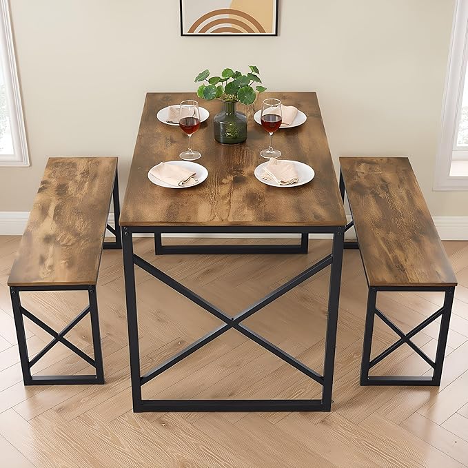 VECELO 43.3" Kitchen Dining Table Set for 4, Heavy-Duty Steel Frame & Wood-Grain Tabletop, Space-Saving Dinette Sets with 2 Benches for Breakfast Nook and Small Space, Brown