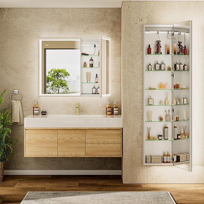 16"x60" Tall Lighted Medicine Cabinet with Mirror & Brush Nickel Bevel Frame, Surface or Recessed LED Mirror Cabinet with Outlet, 5-Tier Adjustable Shelf & Sensor Inner Light (Right Hinge)