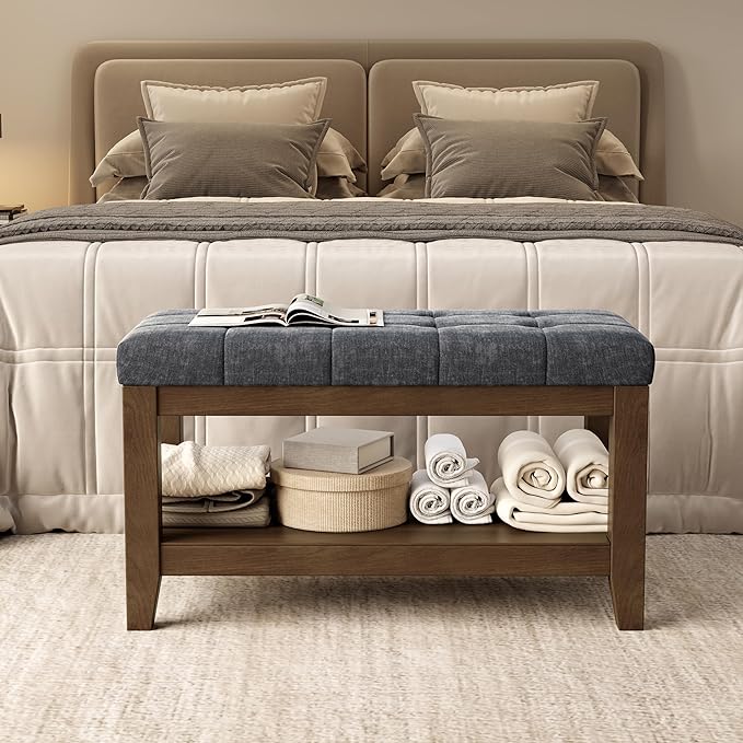 ABHENG Solid Rubber Wood Shoe Bench, Soft Chenille Material Upholstered Seat, 770LB Load Capacity, Multi-Storage for Entryway/Bedroom/Living Room, Vintage Style, 31.5"x15.7"x17.7", Dark Gray,UASND66G