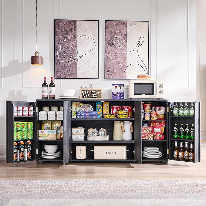 Curved Buffet Cabinet with Doors, 66" Large Sideboard Buffet Storage Cabinet with 4 Doors and Shleves, Modern Coffee Bar Station Wood Kitchen Table for Kitchen, Dining Room, Dark Grey