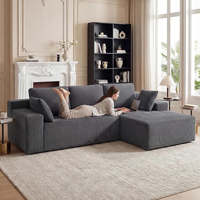 GRUSIGN Cloud Sectional Boneless Couches for Living Room, Modular L Shaped Couch with Deep Seat Oversized Right Facing Chaise, Memory Foam Compressed Spineless 3 Seater Sofa, Grey