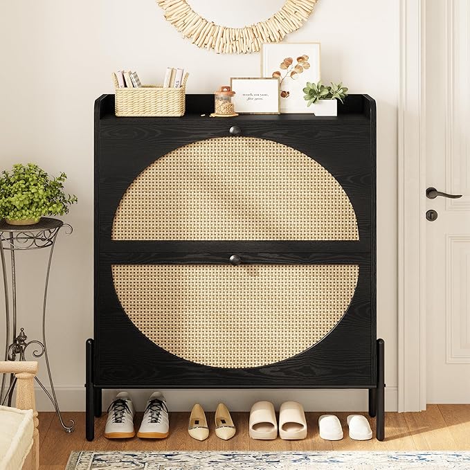 IRONCK Shoe Cabinet Storage with 2 Flip Drawers, Free Standing Wooden Shoe Storage Organizer Cabinet with Rattan Doors for Entryway, Narrow Shoe Rack Cabinet, Black