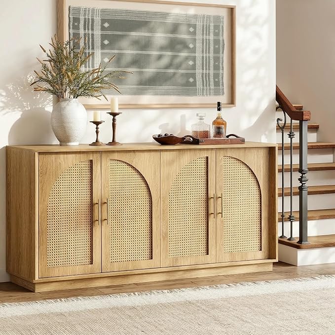 FORTUNETEC 63" Sideboard Buffet Cabinet with Storage, Modern Accent Cabinet with Rattan Arched Doors, Modular Media Console, Boho Credenza for Living Room Kitchen Dining Room Entryway, Oak