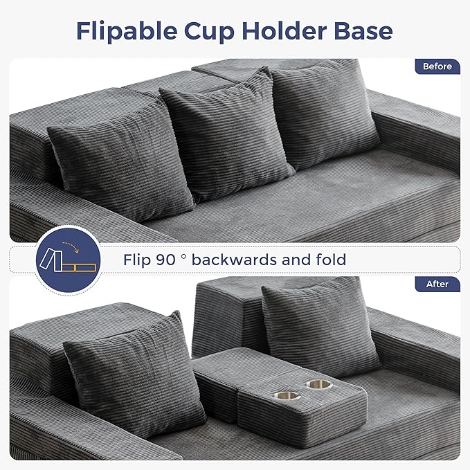 MAXYOYO Convertible Sofa Bed, 80" Oversized Boneless Loveseat Couch 4 in 1 Foldable Floor Sofa Couch in A Box with 2 Cup Holders, Folding Sleeper Chair for Living Room, Charcoal Grey