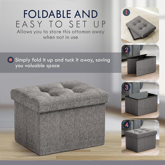 Ornavo Home Small Storage Ottoman, Set of 2, Foldable Collapsible Rectangle Linen Ottoman Foot Rest Stool Seat, for Living Room, Bedroom, Home Office, Dorm - 12 x 16 x 12, Dark Gray