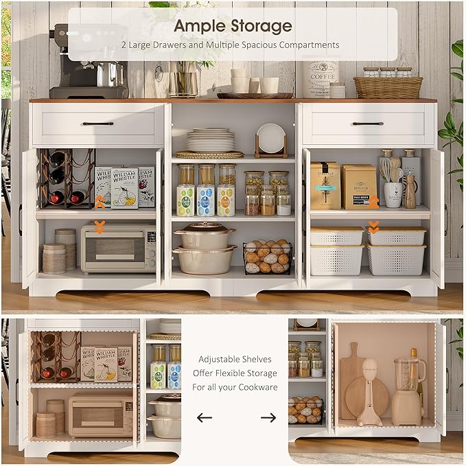Whalefall 71" Farmhouse Sideboard Buffet Cabinet with Storage, Large Coffee Bar with 2 Drawers & 6 Doors, Kitchen Storage Credenza with Adjustable Shelves for Dining Room, White
