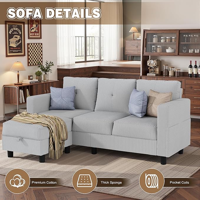 JAMFLY Convertible L-Shaped Sectional Sofa with Reversible Storage Ottoman, 3-Seat Couch with Side Pockets, Modern Compact Furniture for Small Apartments, Studios & Lofts, Light Grey