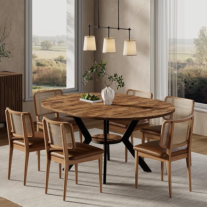 42"-58" Extendable Oval Dining Table for 4-6, Kitchen Round Table with Hidden Leaves & Storage Shelf, Space Saving Modern Design with Sturdy Metal Legs for Kitchen, Dining Room & Small Apartments