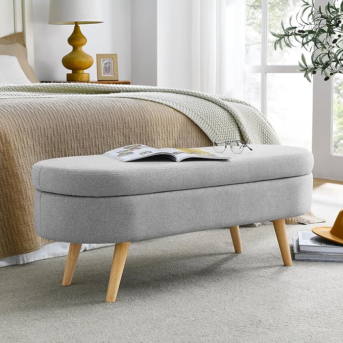 43.5" Ottoman with Storage, Storage Ottoman Bench with Safety Hinge, Linen End of Bed Bench, Upholstered Entryway Bench for Bedroom, Living Room & Window, Holds up to 330 lb, Grey