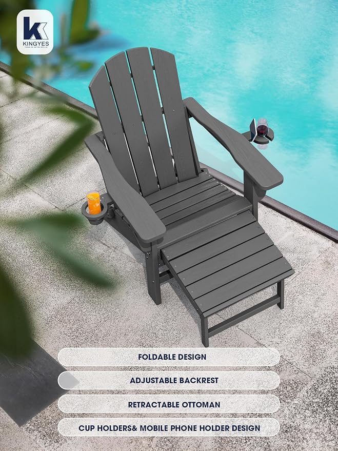KINGYES Folding Adjustable Adirondack Chair with Retractable Ottoman Set of 2, HDPE All Weather Chair with Cup Holder, Wood-Like Recliner Adirondack Outdoor Chair - Versatile Adirondack Chair, Grey