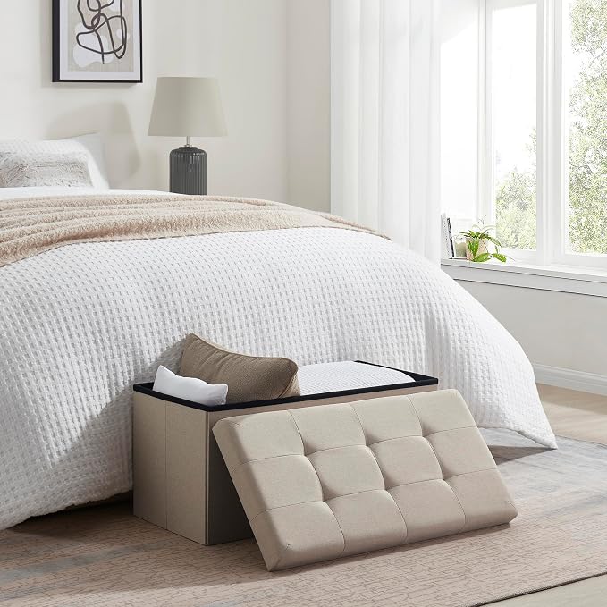 Ornavo Home Folding Storage Ottoman, 30 Inch Large Storage Bench with Lid, Foot Rest Stool for Bedroom, Living Room, Entryway, Tufted Linen Upholstered - Beige