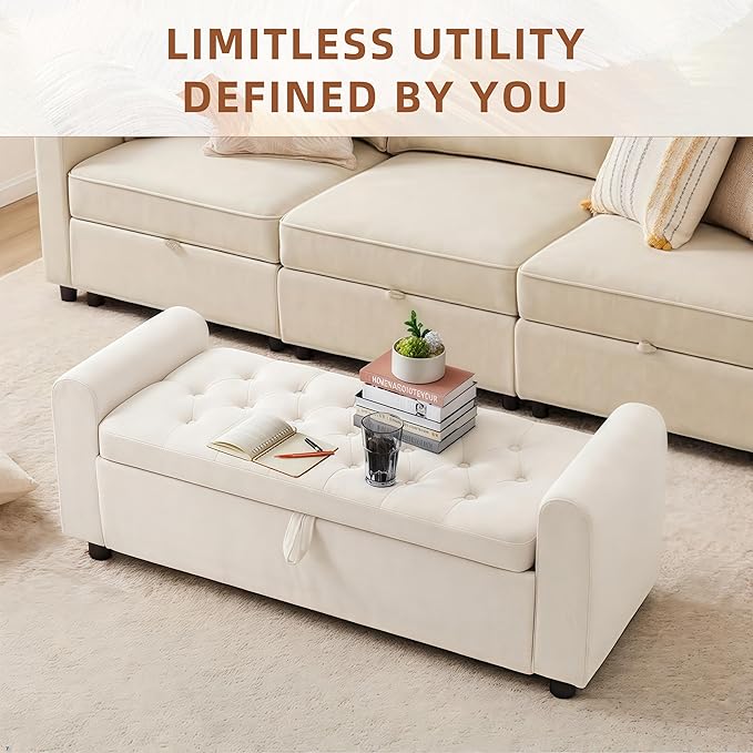 48" Ottoman with Storage, Tufted Storage Ottoman Bench, Convenient Living Room Fabrics Bench Seat, Entryway Shoe Benches with Inner Zipper & Arm, Rivetless Upholstered Window Seat Ottomans, Beige