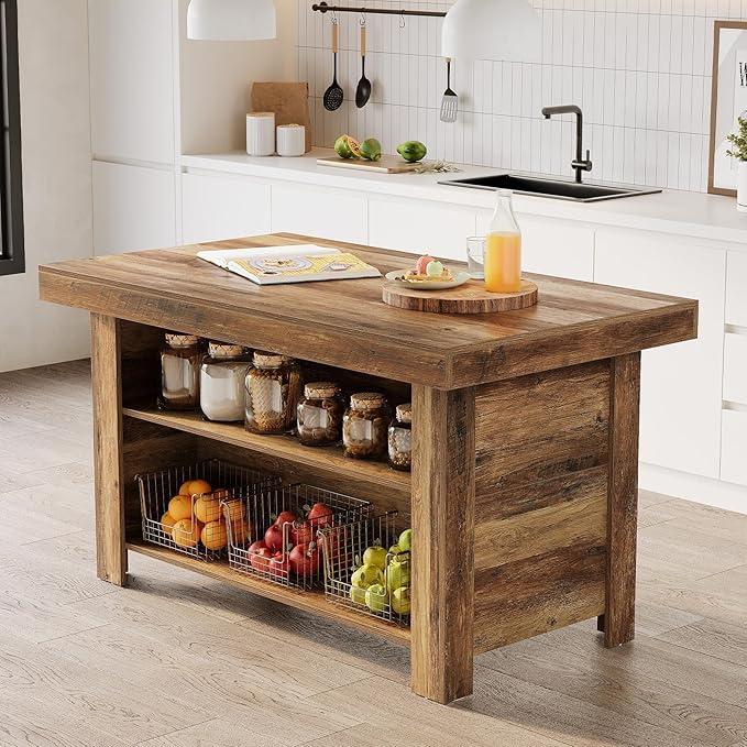 LITTLE TREE 55 Inches Kitchen Island with Storage, 3-Tier Farmhouse Wooden Stationary Island Table with Large Worktop & Leg Room, Modern Coffee Bar Table with Storage Shelf for Kitchen, Rustic Brown