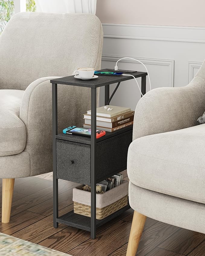 TUTOTAK Small Narrow End Table with Charging Station, Set of 2, Side Table with Outlets, Nightstand with Cloth Drawer, Couch Table, for Living Room, Bedroom, Bedside, Black TB01BK058