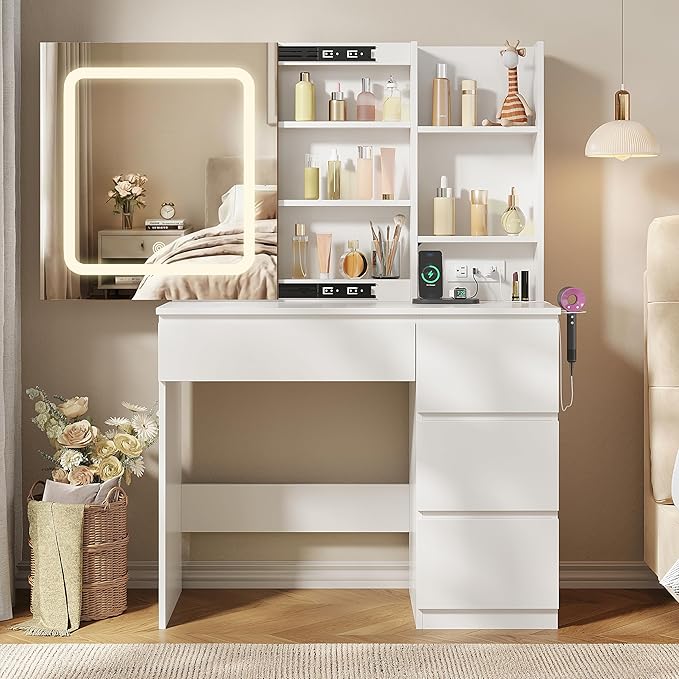 Vabches Make Up Vanity Desk with Charging Station, Vanity Set with Mirror and Stool and Lights,Dressing Table with 4 Drawers & Storage Shelves,37inch, White