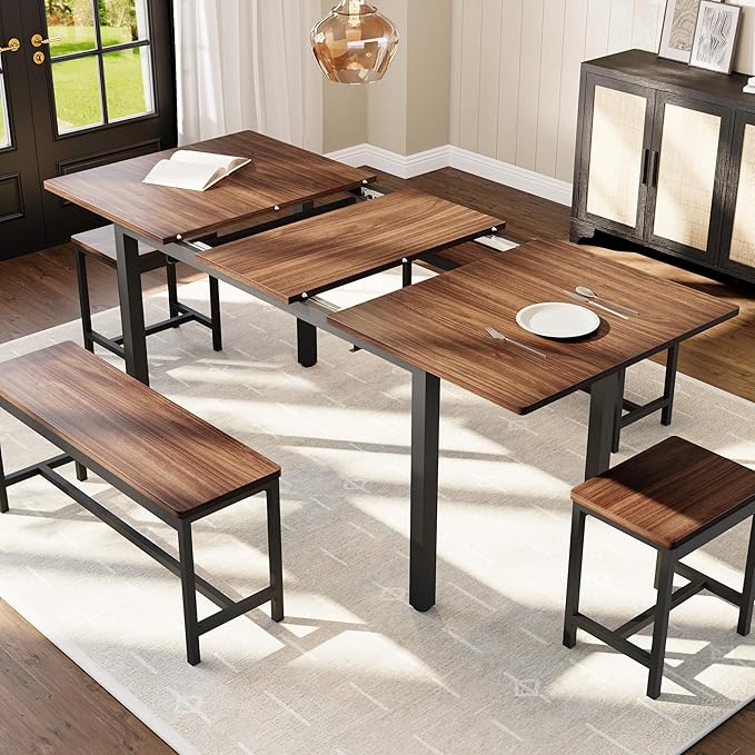 Garvee 5 PCs Extendable Dining Table Set for 4-8 People, 63 in Kitchen Table with 2 Benches & 2 Stools, Modern Dining Room Furniture, Easy Assembly Metal Frame