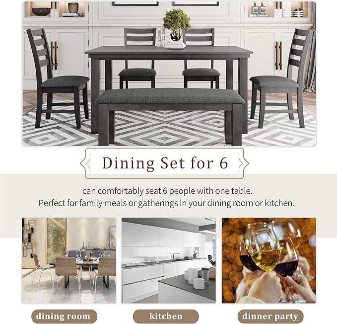 Harper & Bright Designs Dining Room Table and Chairs with Bench, Rustic Wood Dining Set, Set of 6 (Gray)
