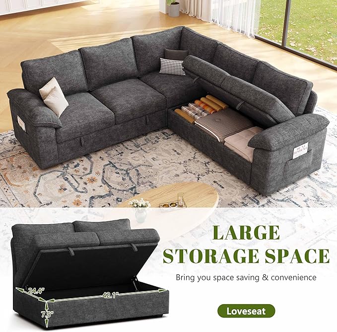 85 Inch Modular Sectional Sofa with Pull Out Bed,L Shaped 5 Seat Sectional Sleeper Sofa with Storage,Sectional Couches for Living Room,Cloud Modular Couch,Removable Sofa Cover, Dark Grey