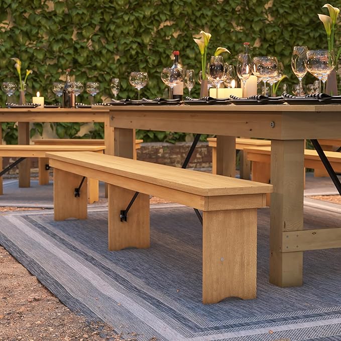Flash Furniture HERCULES 8' x 12" Solid Pine Folding Farm Bench in Antique Rustic Light Natural