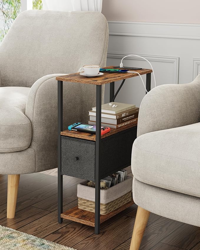 TUTOTAK Small Narrow End Table with Charging Station, Set of 2, Side Table with Outlets, Nightstand with Cloth Drawer, Couch Table, for Living Room, Bedroom, Bedside, Brown and Black TB01BB058K