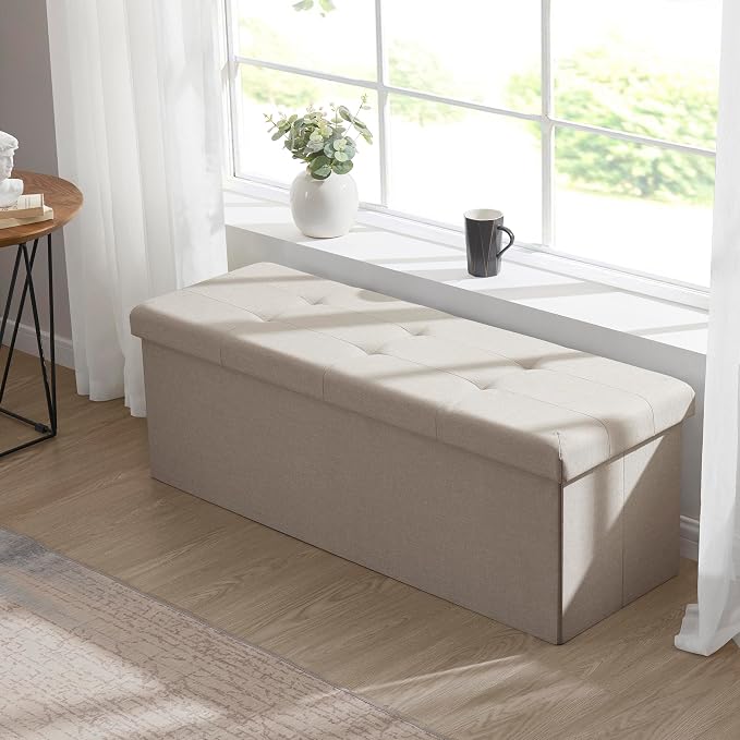 Ornavo Home Folding Storage Ottoman, 43 Inch Extra Large Storage Bench with Lid, Foot Rest Stool for Bedroom, Living Room, Entryway, Tufted Linen Upholstered - Beige