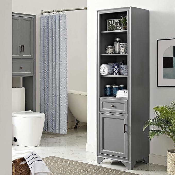 Crosley Furniture Tara Linen Storage Cabinet and Bathroom Organizer with a Drawer and Shelves, Vintage Gray