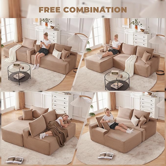 Mangodan Cloud Sectional Couch, Boneless Sofa for Living Room, Modular Sectional Sofa with Deep Seat, Fluffy Comfy Couch with L-Shaped Chaise, No Assembly Required, Camel