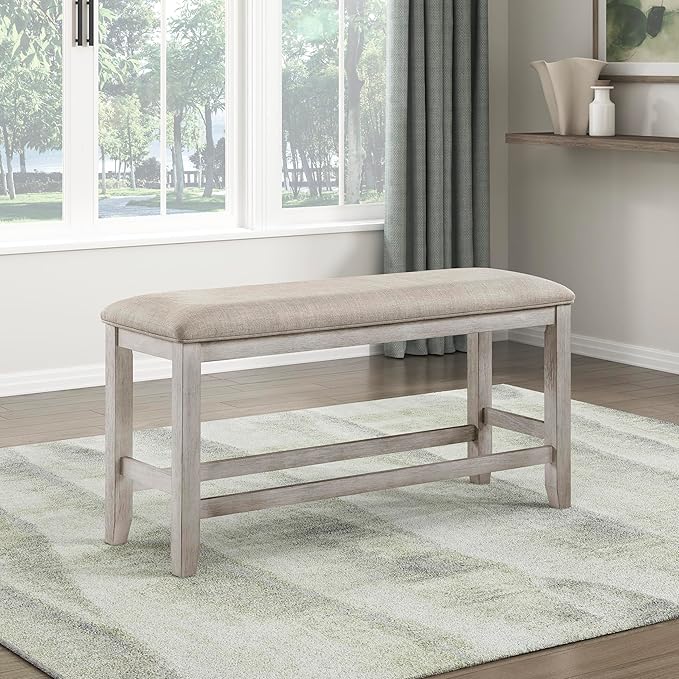 Lexicon Counter Height Dining Bench with Padded Seat and Wooden Frame, Entryway Bench, Light Gray Textured Fabric Upholstered Dining Seat for Kitchen/Living Room, 25.5" SH, Brushed Antique White