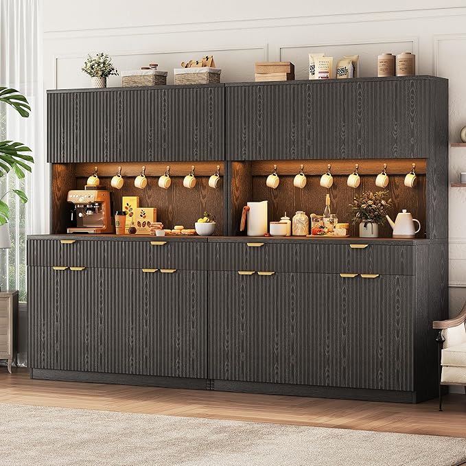 Fluted Kitchen Pantry Storage Cabinet with Charging Station/LED Light/Drawer/Doors/Shelves, 71'' Tall Kitchen Food Hutch with Microwave Stand for Dining Room Living Room (Black, 47*15.7*71)