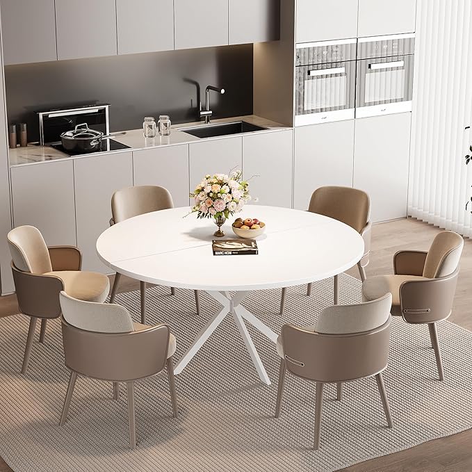 47.24" Round Dining Table for 4-6 Person, Round Kitchen Table with Wood Top, Circle Dinner Pedestal Tables with Metal Legs for Dining Room Kitchen (White)
