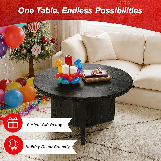 Luoxiao 31.5" Black Round Coffee Table Modern Circle Center Table for Living Room, Space-Saving Wood Accent Table for Apartments, Study, with Adjustable Feet Pads, Easy Assembly