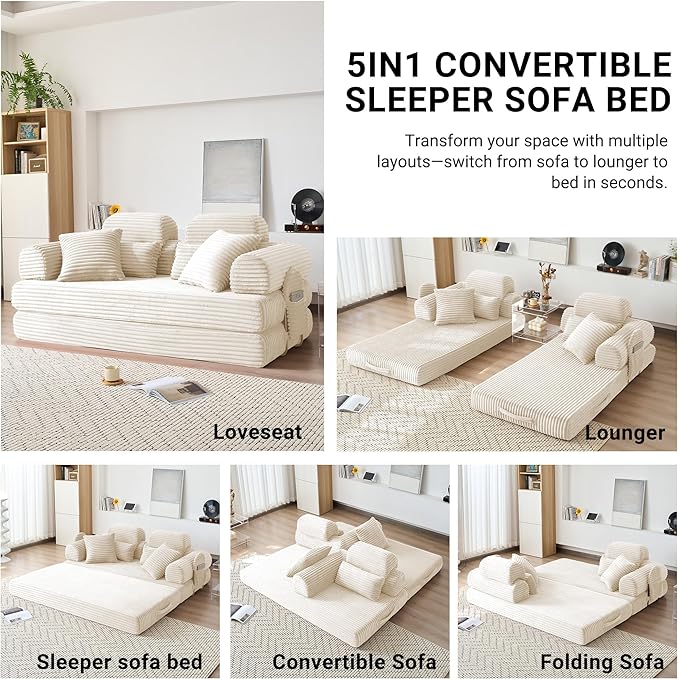 78.8" Convertible Sofa Bed with High Backrest Headrest, 5-in-1 Corduroy Boneless Couch with Side Pocket, Sleeper Loveseat Couch Bed Sectional Couches for Living Room, No Assembly, White