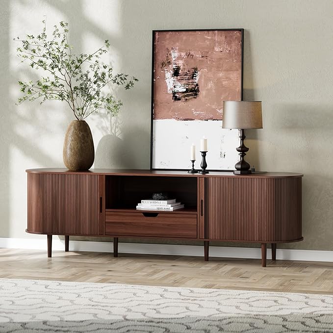 DHH 71" Fluted TV Stand with Power Outlet for TVs up to 80", TV Console with Adjustable Shelves and Sliding Door,Mid Century Modern Entertainment Center for Living Room,Bedroom (Walnut, 71Inch)