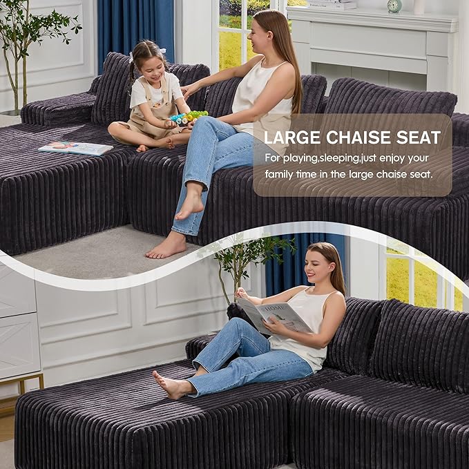 Hobestluk Modular Sectional Sofa Boneless Couch L-Shape Couch 3 Seat Modular Couch Memory Foam Sectional Couches for Living Room Furniture, Cloud Couch with Oversized Chaise (108" Left Facing Chaise)