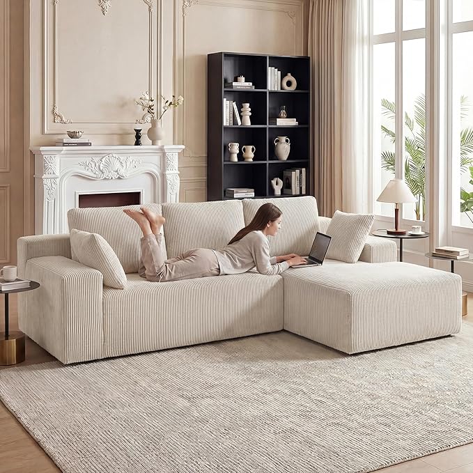 GRUSIGN Cloud Sectional Boneless Couches for Living Room, Modular L Shaped Couch with Deep Seat Oversized Right Facing Chaise, Memory Foam Compressed Spineless 3 Seater Sofa for Apartment, Taupe | No Assembly Required