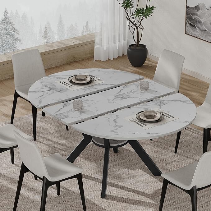 42"-58" Round Extendable Dining Table for 4-6, Kitchen Oval Table with Hidden Leaves & Storage Shelf, Space Saving Modern Design with Sturdy Metal Legs for Kitchen, Dining Room & Small Apartments