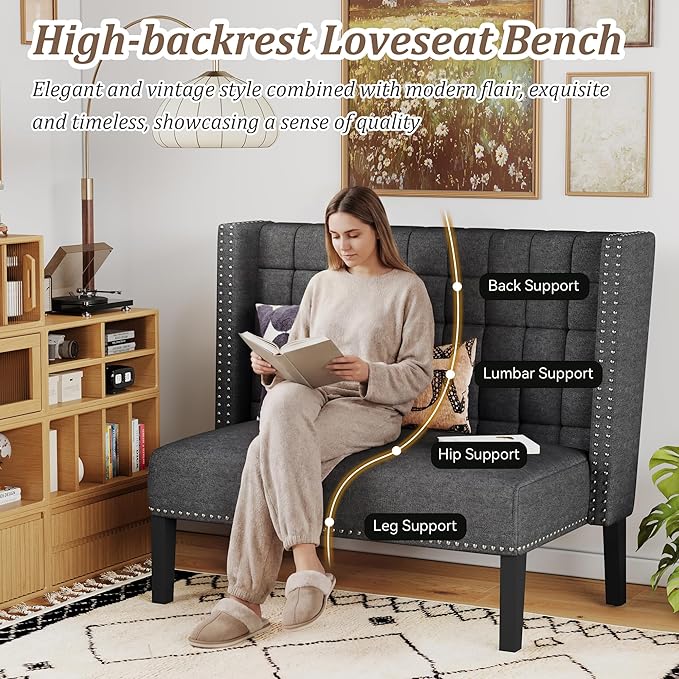 Andeworld Modern Loveseat Settee Bench Sofa Couch, Upholstered Banquette Dining Bench with Back for Dining Living Room Hallway or Entryway Seating,Slate