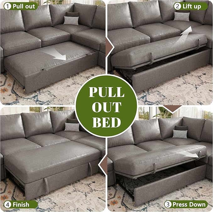 85 Inch Faux Leather Modular Sectional Sofa with Pull Out Bed, L Shaped 5 Seat Sectional Sleeper Sofa with Storage, Sectional Couches for Living Room, Cloud Modular Couch,Gray Leather
